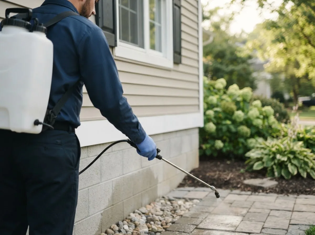 Pest control technician inspecting a home in Sebewaing, MI